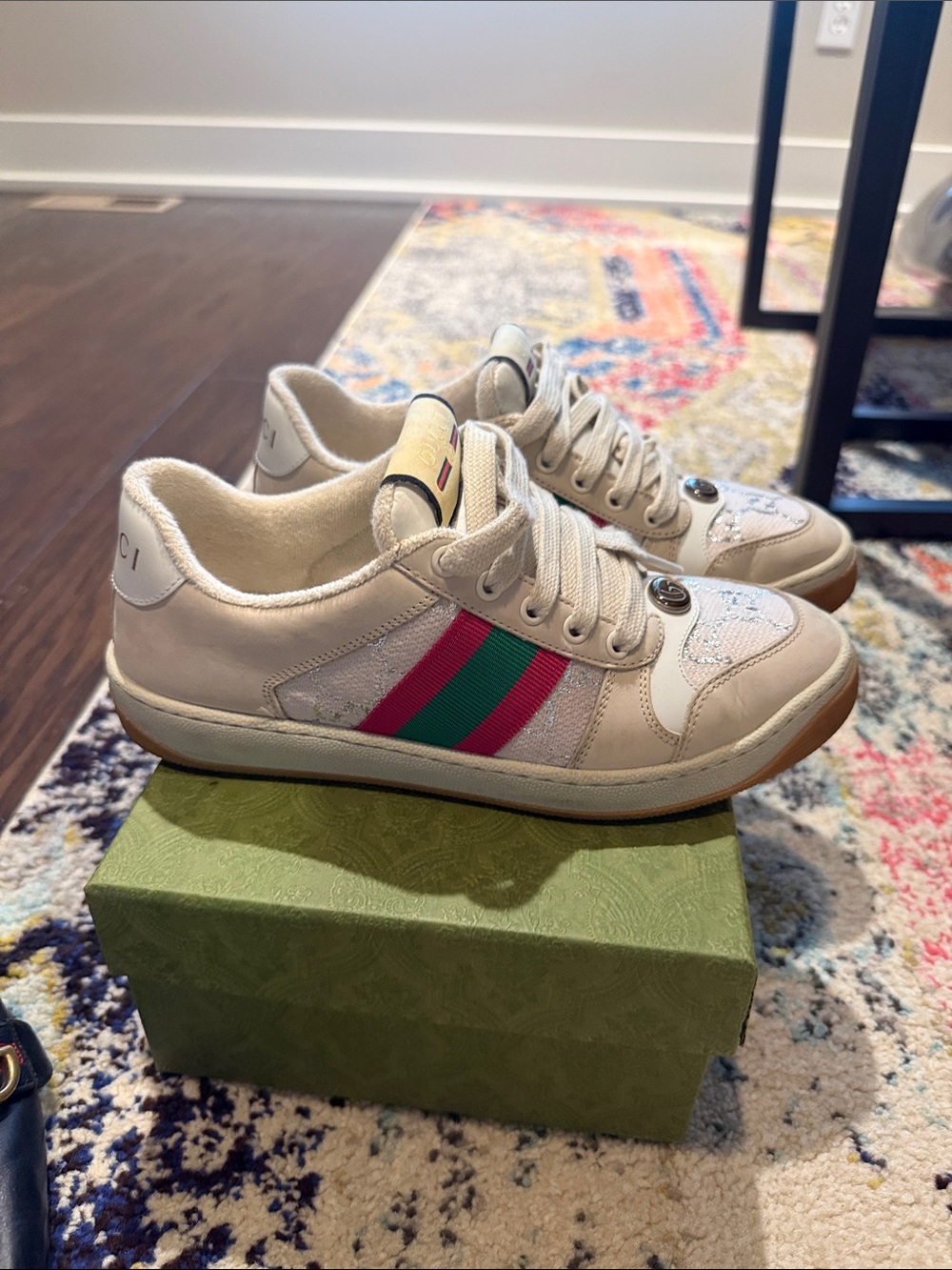 Gucci White Sneakers with Pink and Green Stripes